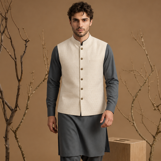 White Jacquard Traditional Waistcoast with Zari Dots