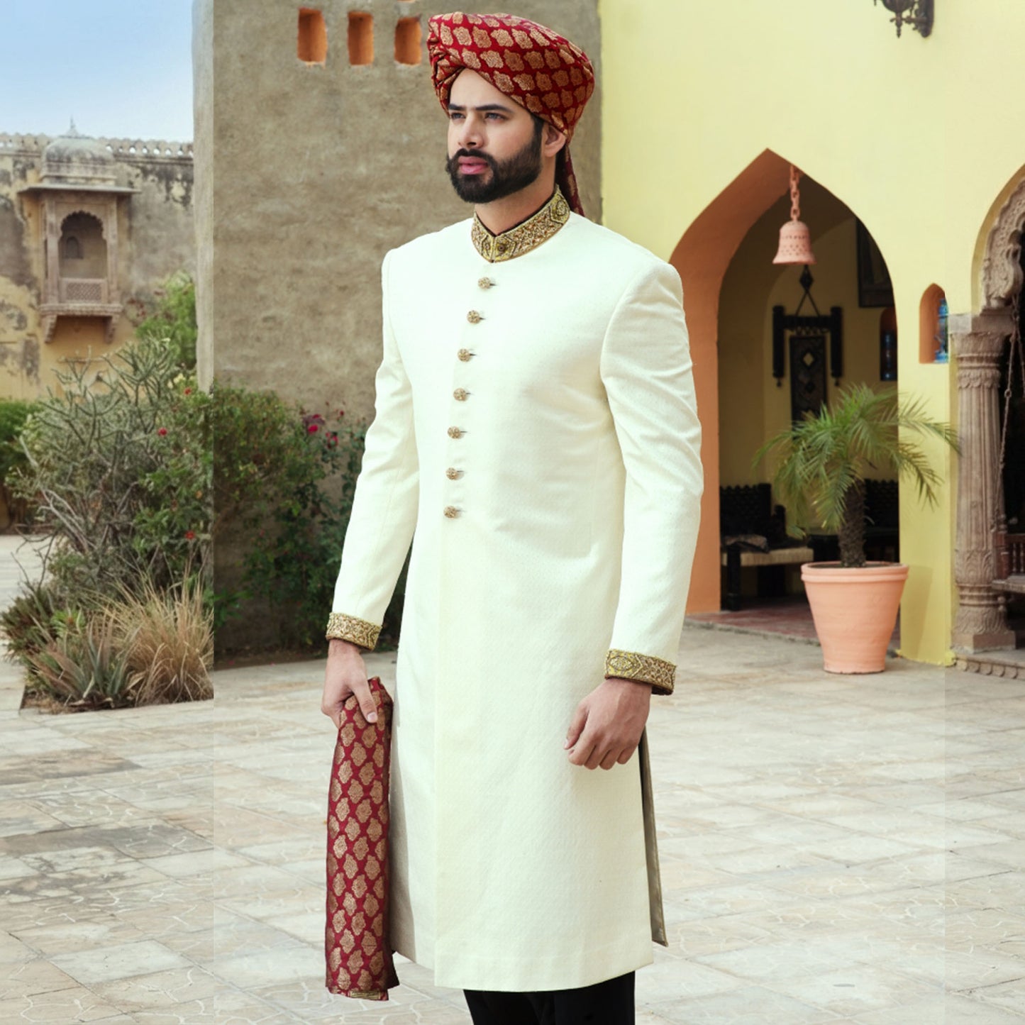 White Self Jamawar Embroidered Sherwani