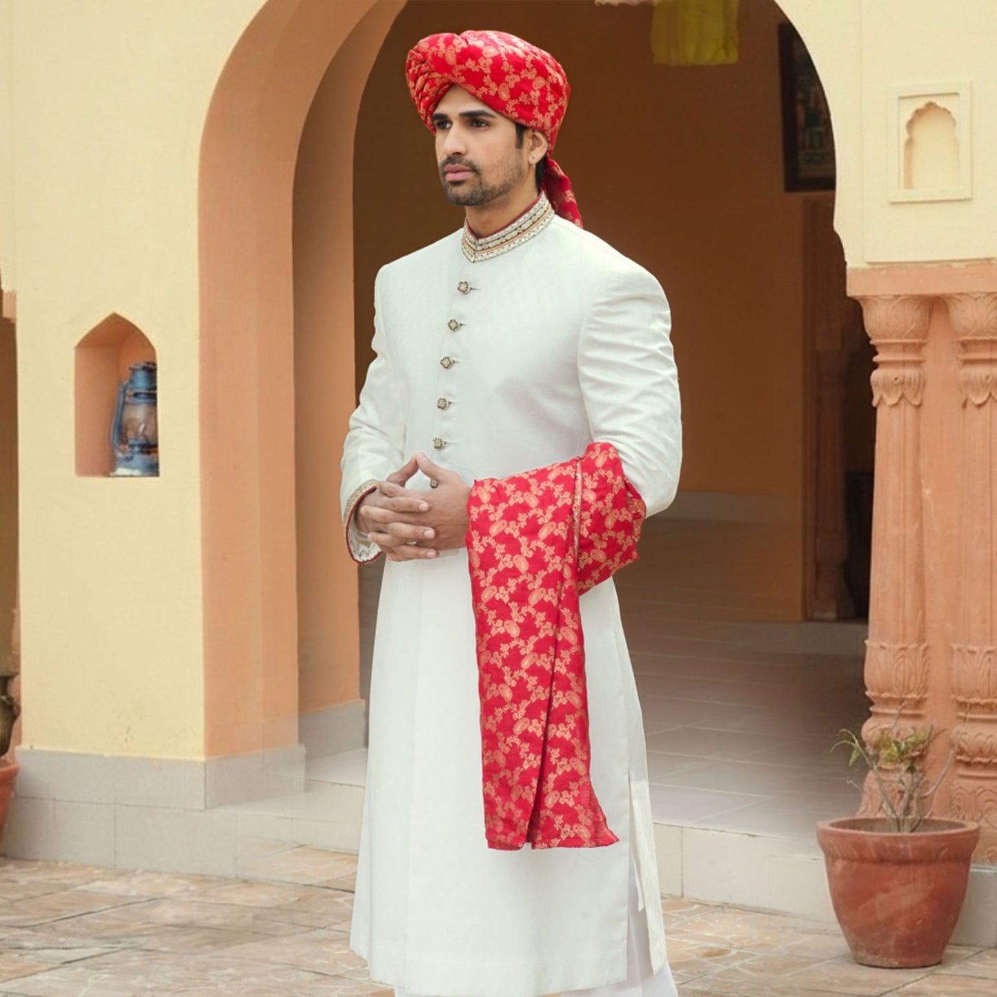 White Self Jamawar Embroidered Sherwani
