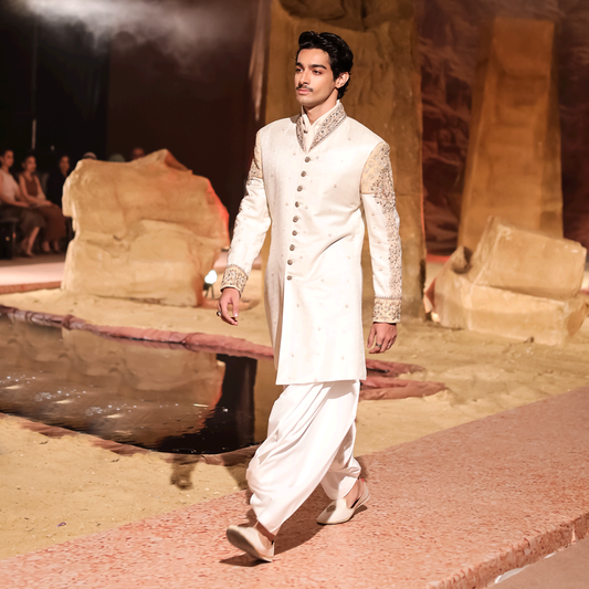 White Woven Jamawar Sherwani with Hand Embroidery and Signature MF Collar