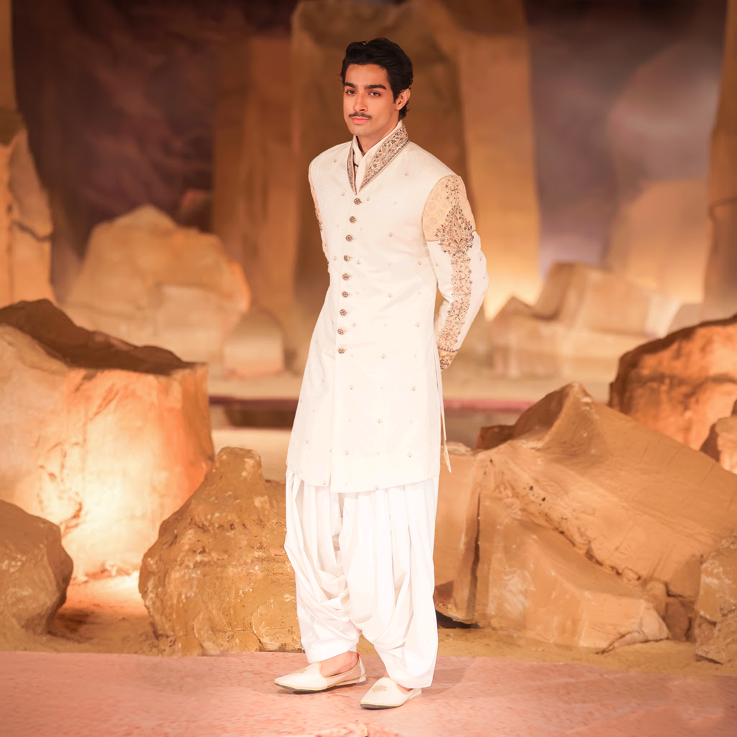 White Woven Jamawar Sherwani with Hand Embroidery and Signature MF Collar