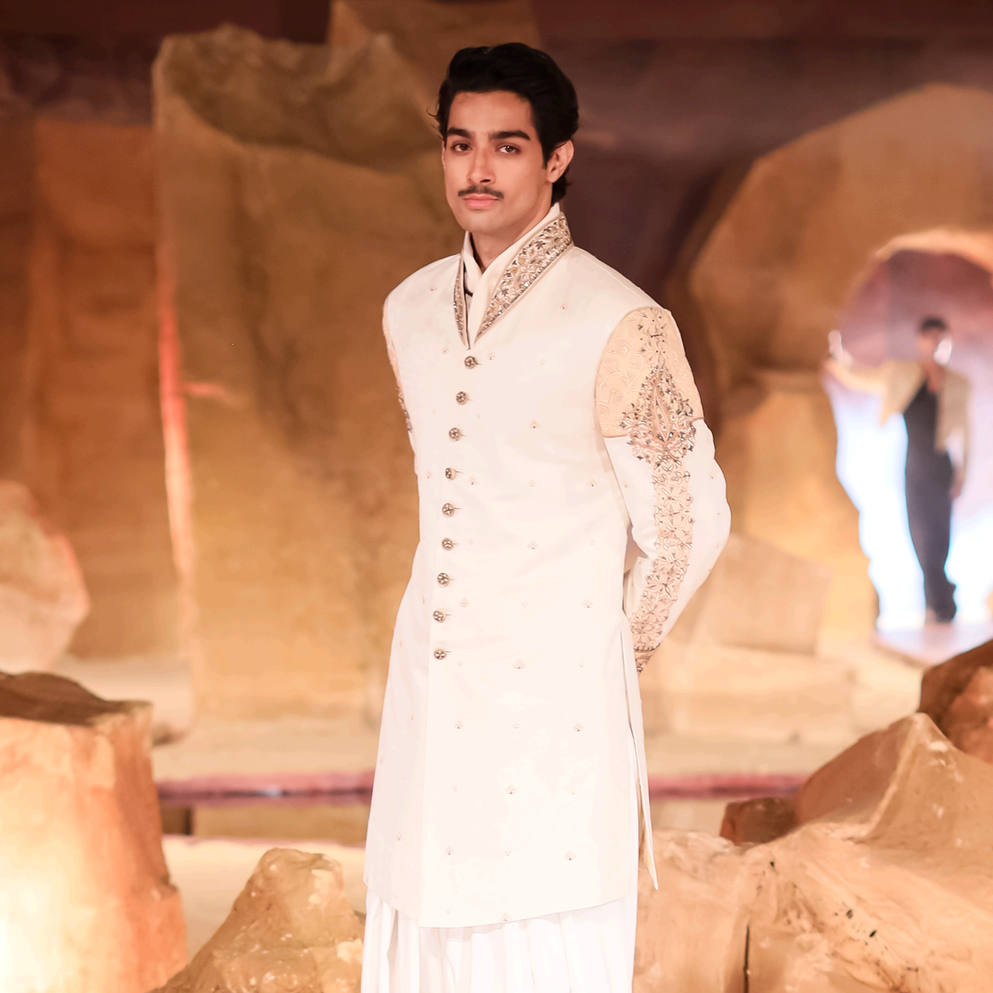 White Woven Jamawar Sherwani with Hand Embroidery and Signature MF Collar