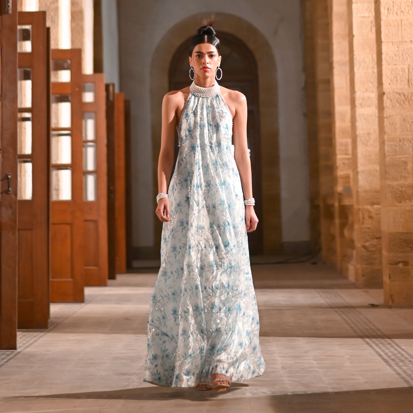 White and Blue Lava Silk Halter Couture Gown