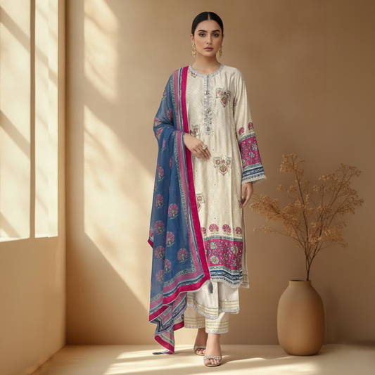 White and Fuchsia Silk 3 Pc Dress