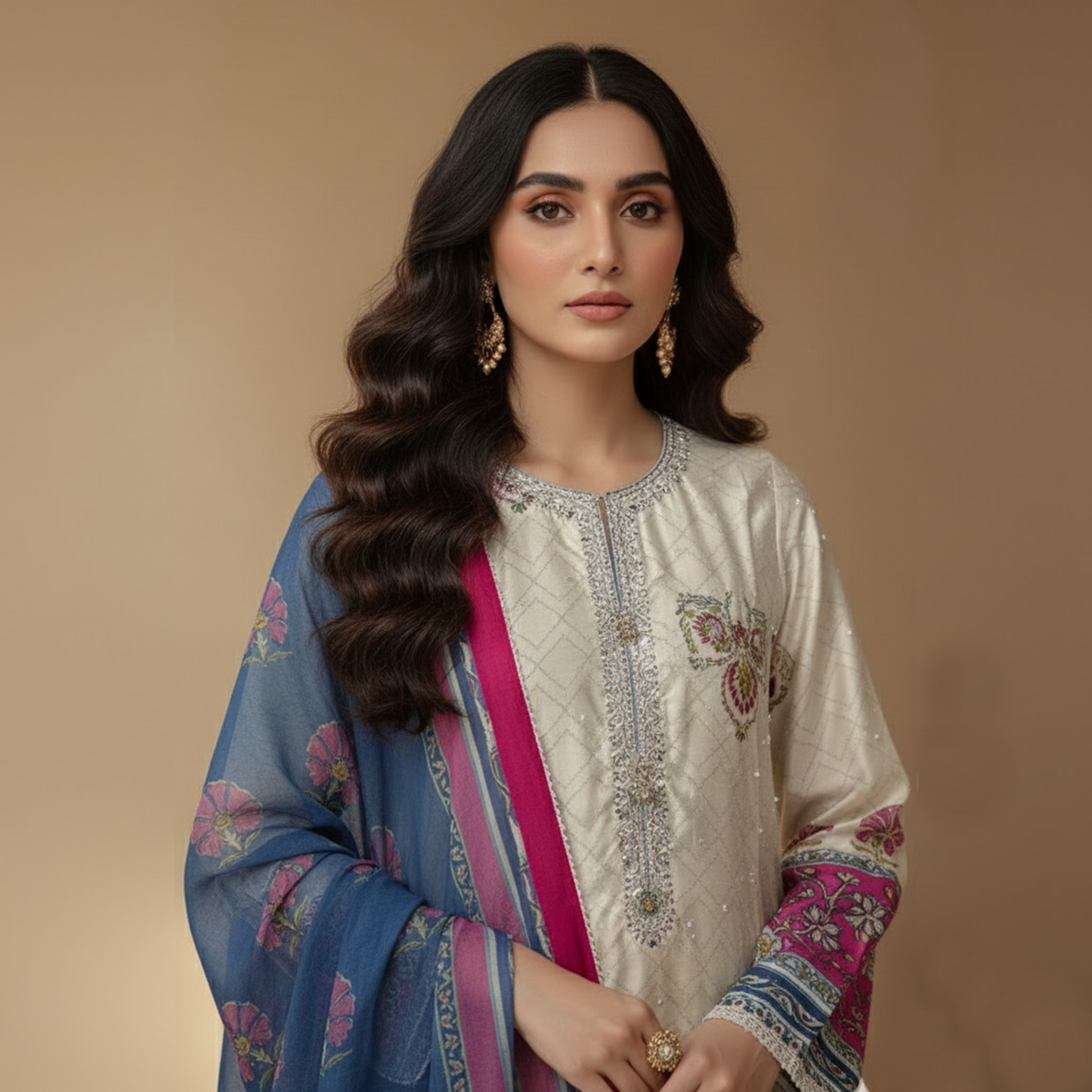 White and Fuchsia Silk 3 Pc Dress