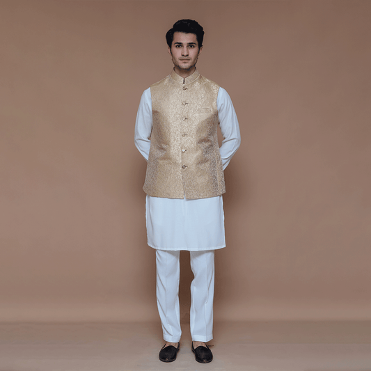 Zari Karandi Almond Buff Traditional Waistcoat