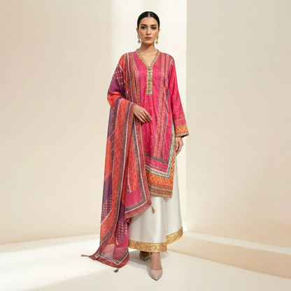 white and Pink Silk 3 Pc Dress